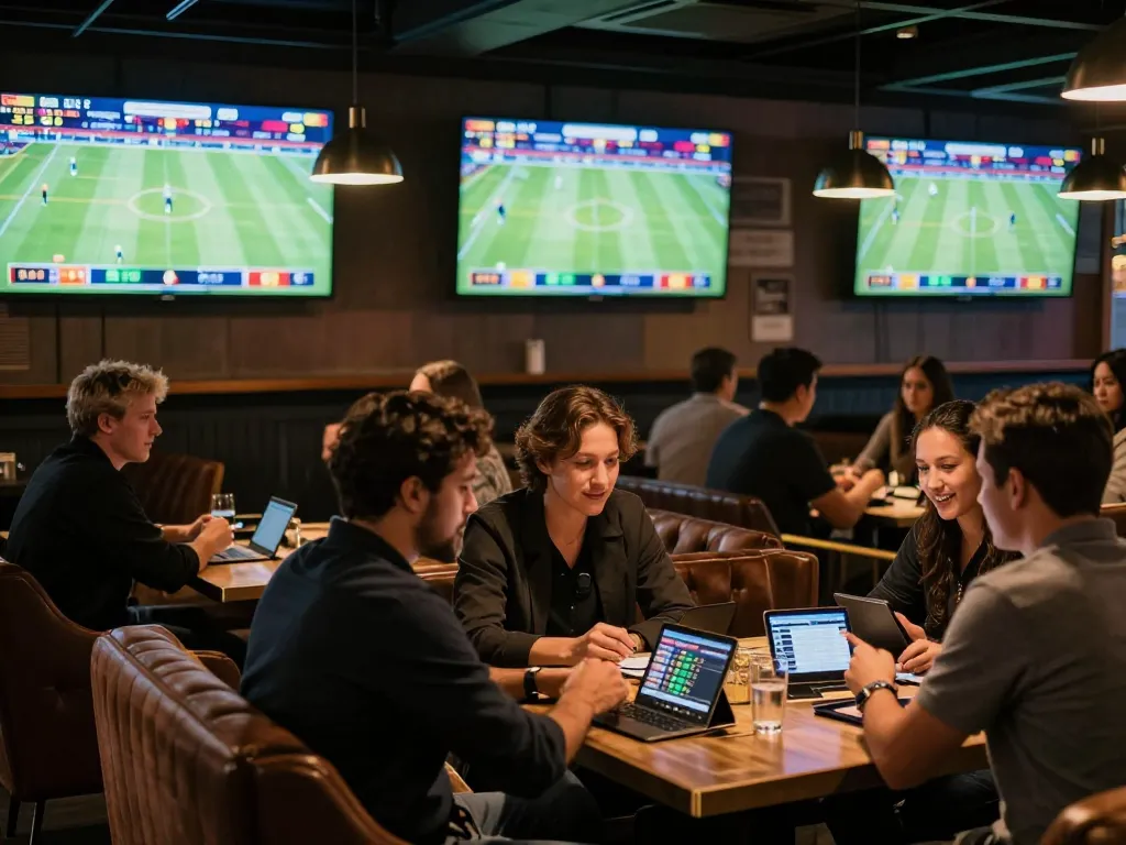 Tỷ lệ kèo nhà cái hôm nay with players analyzing odds at a lively sports betting bar