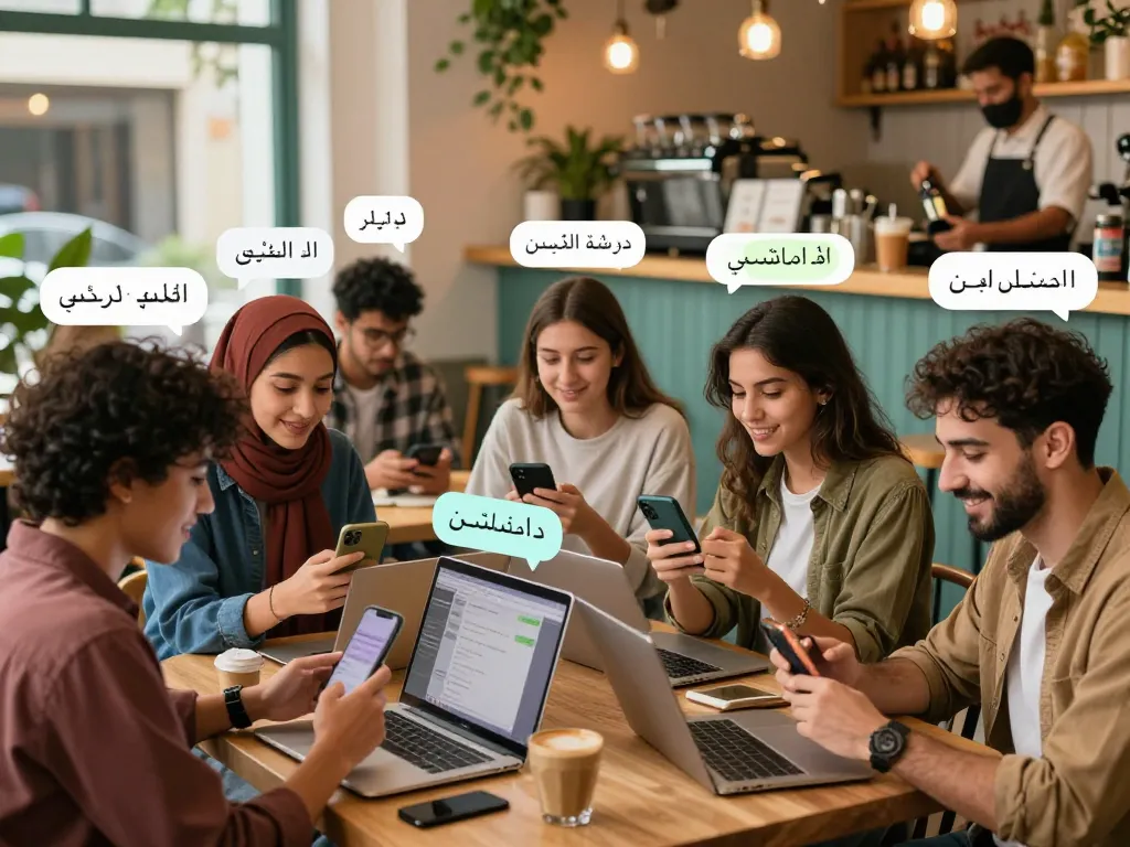 Engaging scene of friends using دردشة فلسطين platforms in a cozy café, showcasing cultural connections and online conversations.