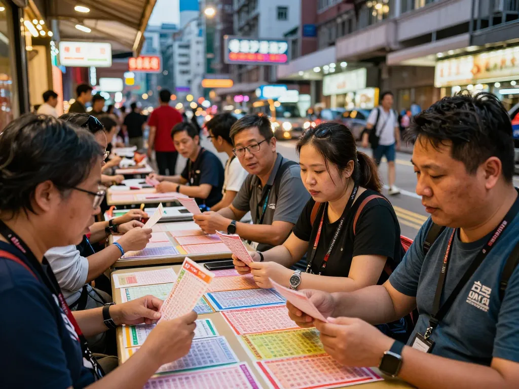 Pemain yang bersemangat memeriksa tiket lotere HK di setting Hong Kong yang semarak.