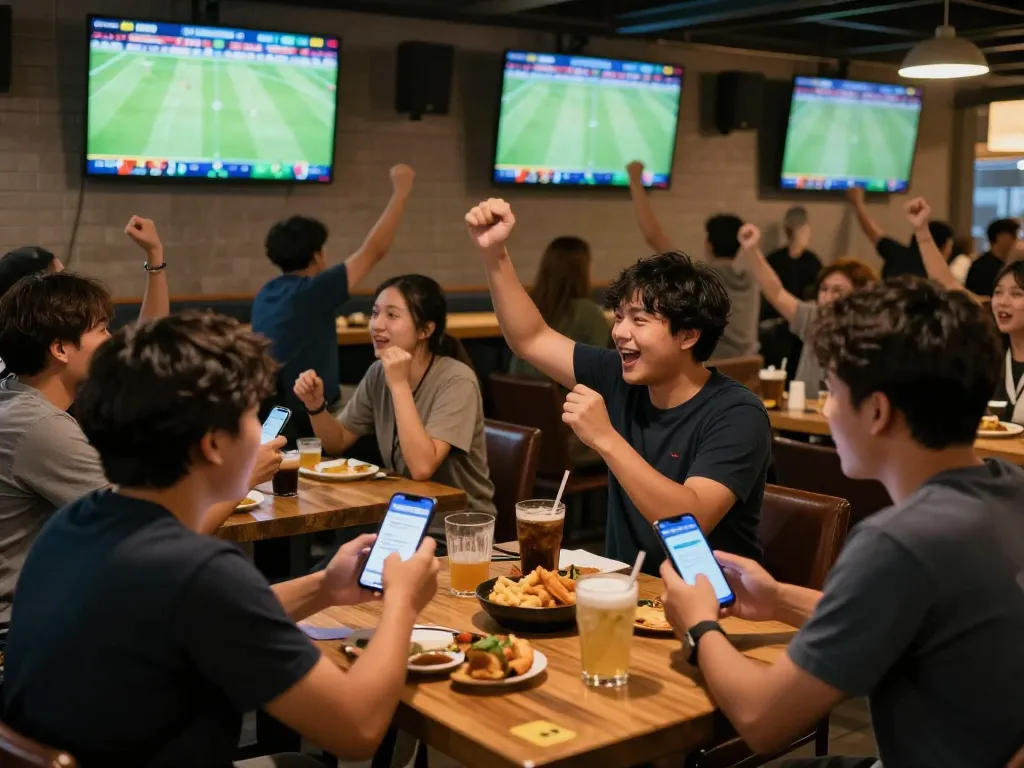Pertaruhan Judi Bola yang terlibat saat meletakkan taruhan selama pertandingan sepak bola langsung di suasana bar olahraga yang meriah.