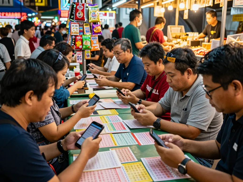 Pemain memeriksa nomor lotere HK di suasana pasar yang ramai, menunjukkan kegembiraan dan keterlibatan.