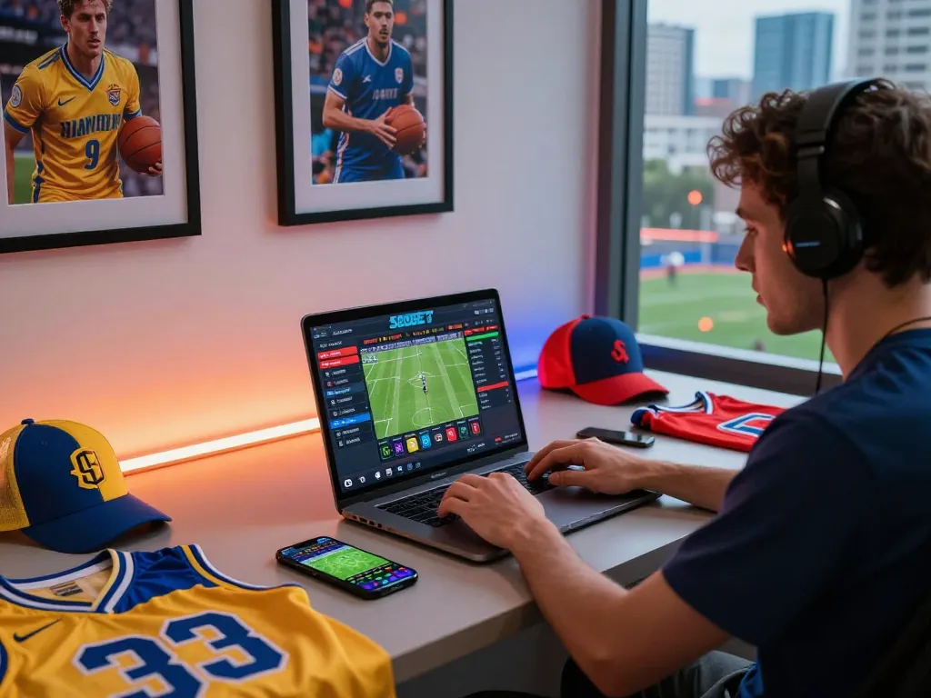 SBOBET user immersed in online betting experience with vibrant sports paraphernalia and live game interface.