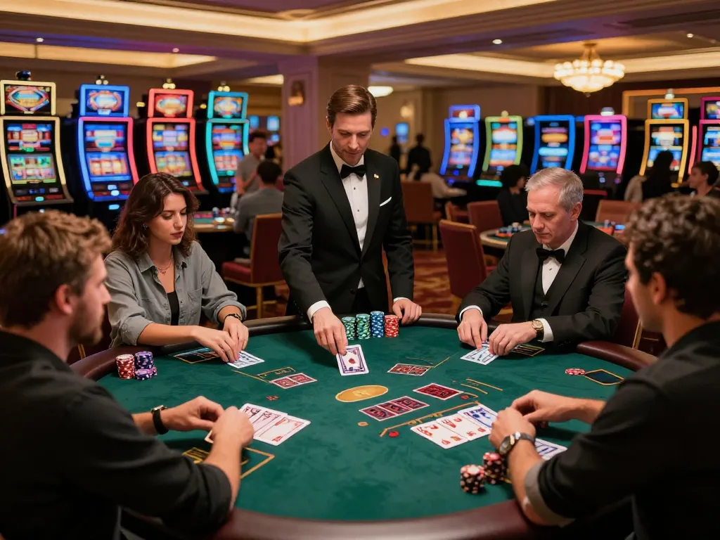 Engaged players at a sunwingo blackjack table strategizing their bets in an upscale casino.
