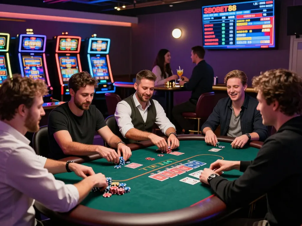 SBOBET88 poker players enjoying a lively casino game with vibrant energy.