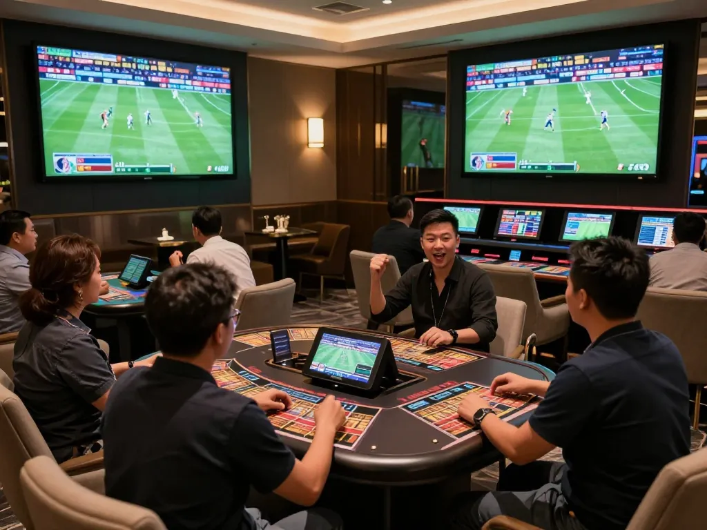 Socolive viewers placing bets during a thrilling football match at a luxurious casino.