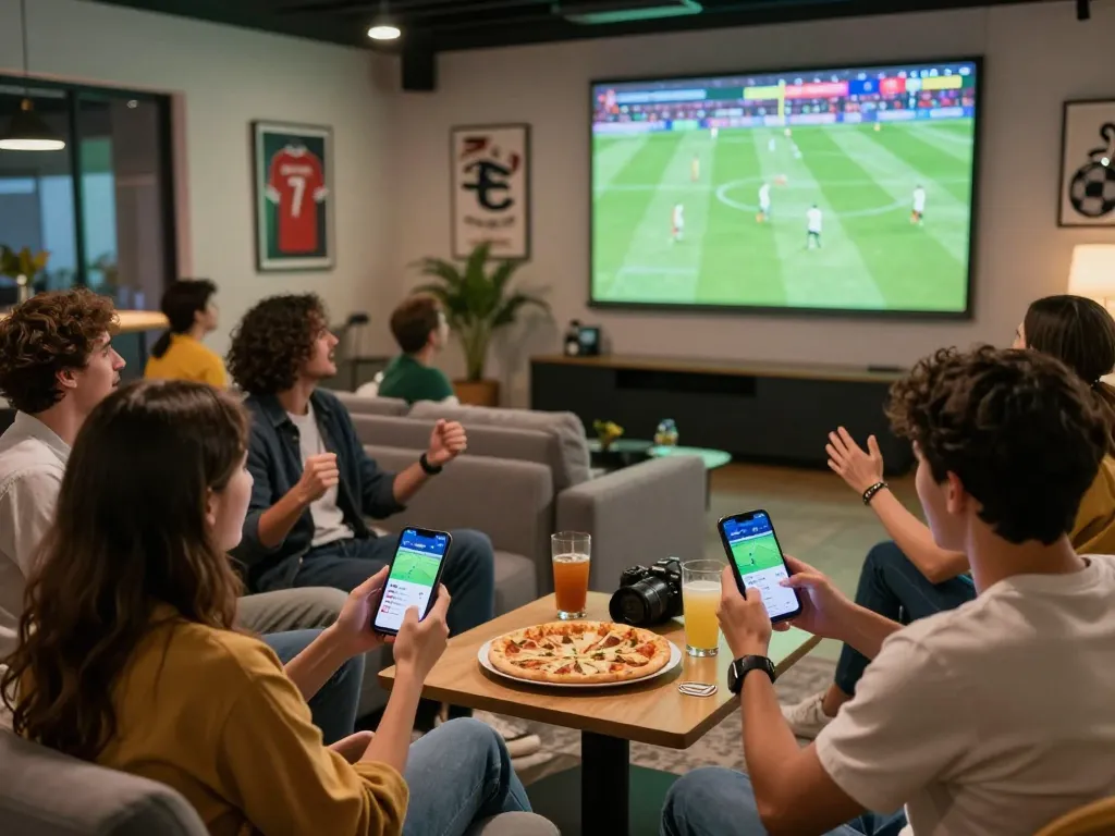 Exciting group enjoying sports betting on OKFUN app during a live football match.