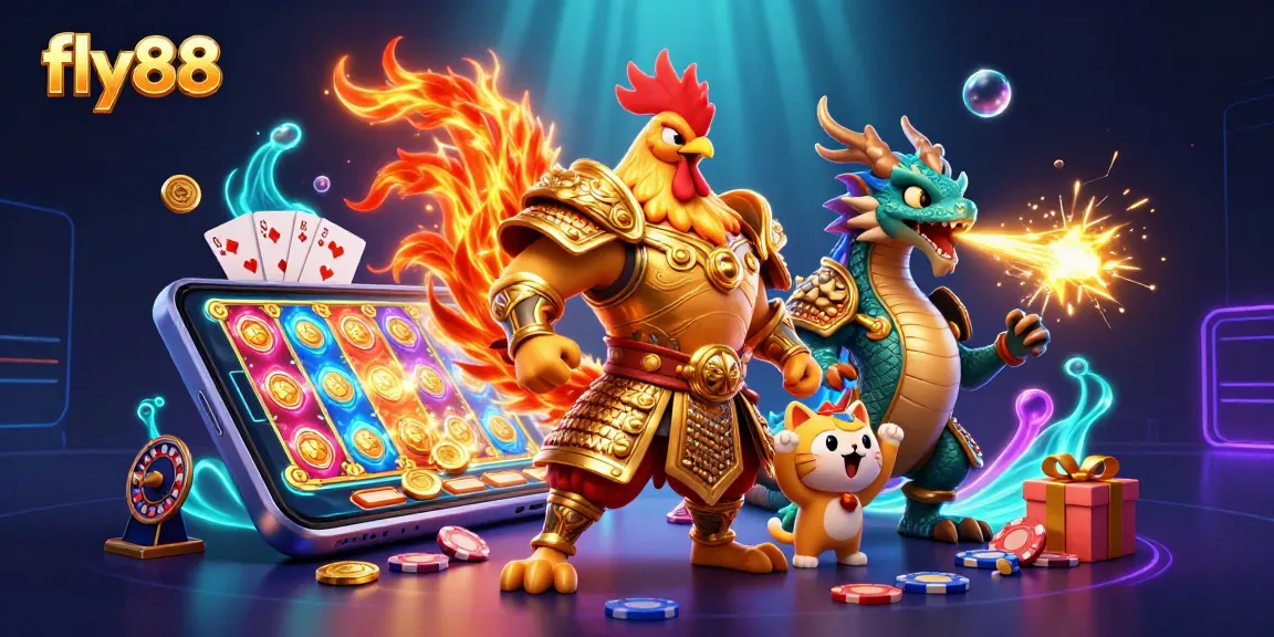 Fly88 presents a dynamic casino scene with a fighting rooster warrior, dragon hatchling, and slot game action.
