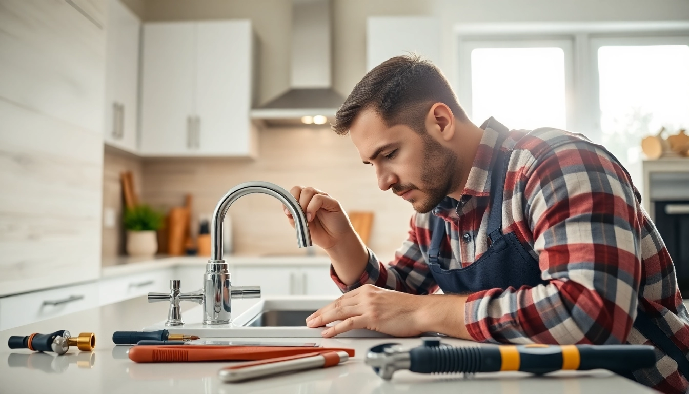 Find a skilled plumber near me fixing modern kitchen plumbing fixtures.