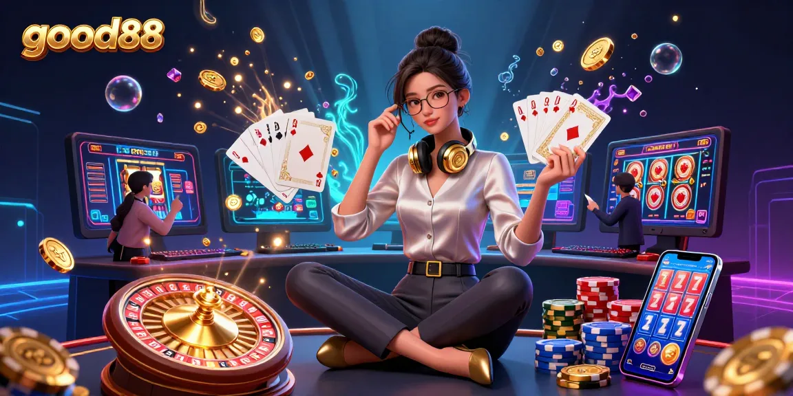 Win big at good88 with an epic gambling scene filled with spinning slots and golden coins.