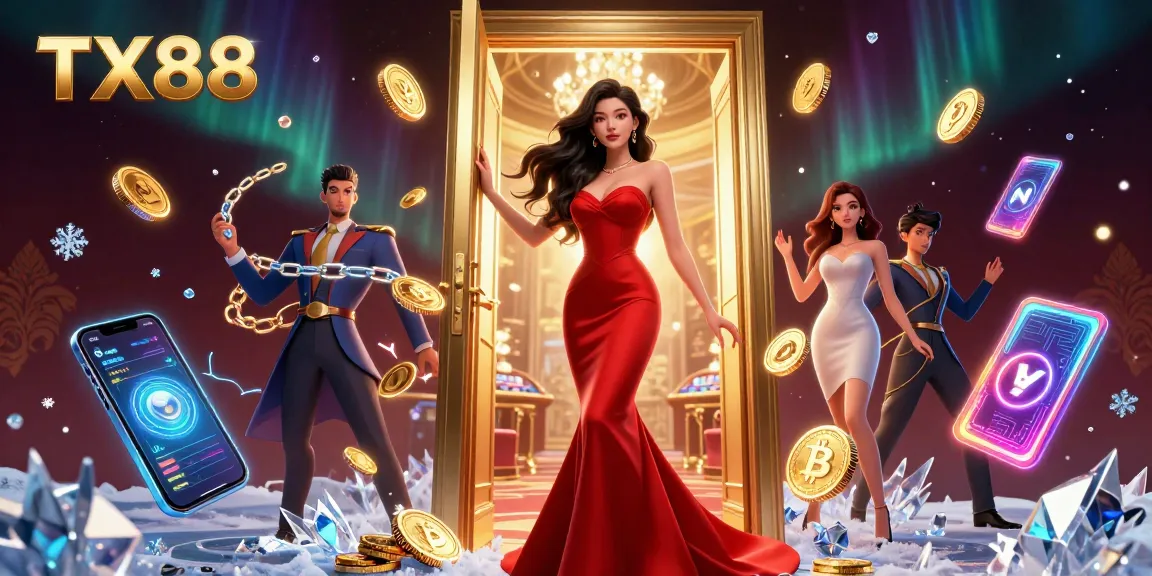 Play at TX88 casino with stunning visuals of Bitcoin and Ethereum elements and a vibrant Asian female character in a luxurious setting.