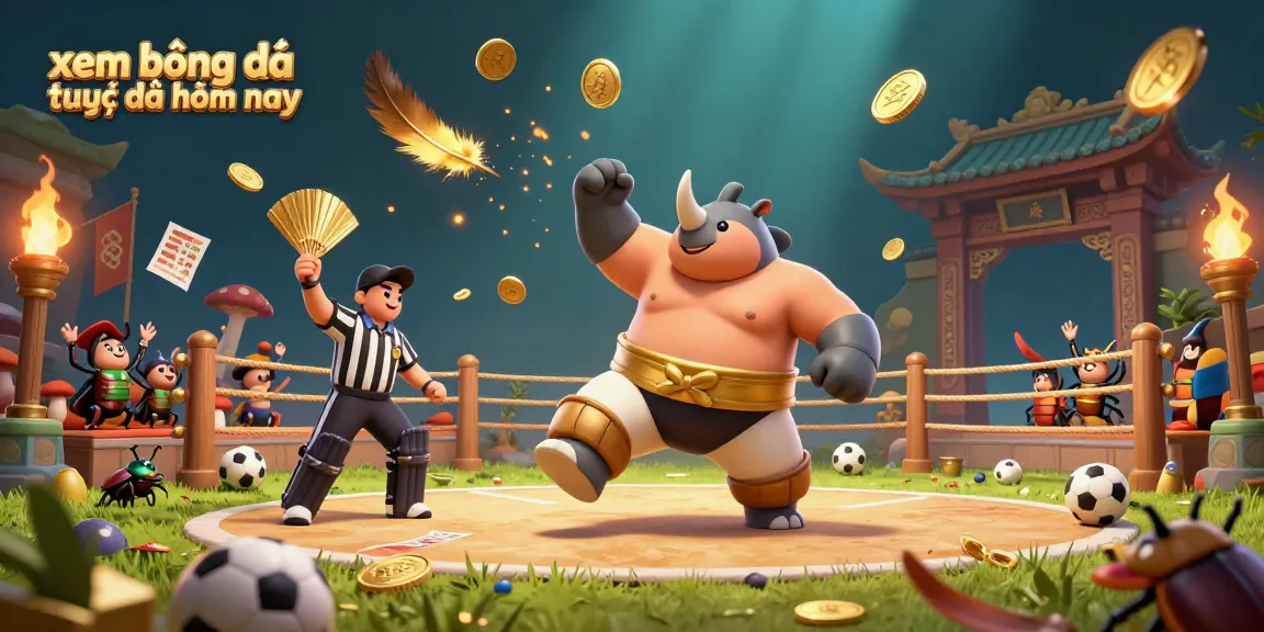 Xem bóng đá trực tiếp hôm nay with a thrilling sports betting arena scene featuring a cartoon rhinoceros beetle and dynamic elements.