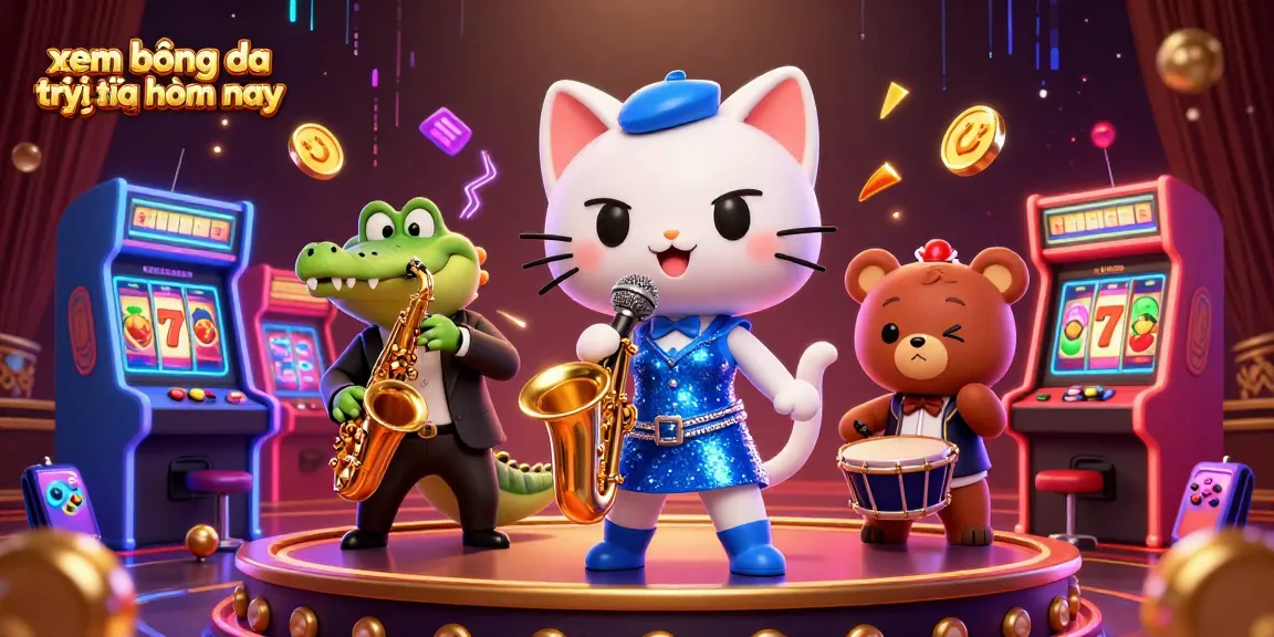 Participate in xem bóng đá trực tiếp hôm nay with a lively 3D illustration of a jazz-singing cat, saxophone crocodile, and drum-playing bear.