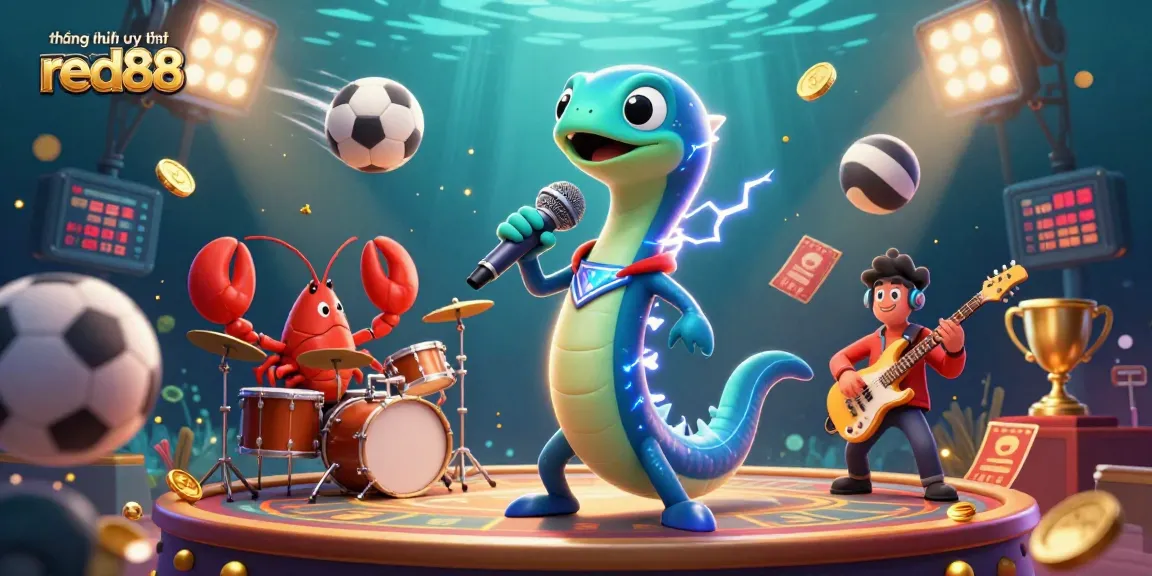 Experience the excitement of thương hiệu uy tín red88 with a vibrant underwater casino scene featuring a DJ eel and colorful sports elements.