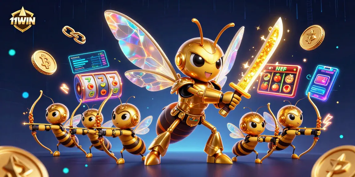 Engage with 11WIN as the golden hornet samurai battles among vibrant slot games and crypto elements.