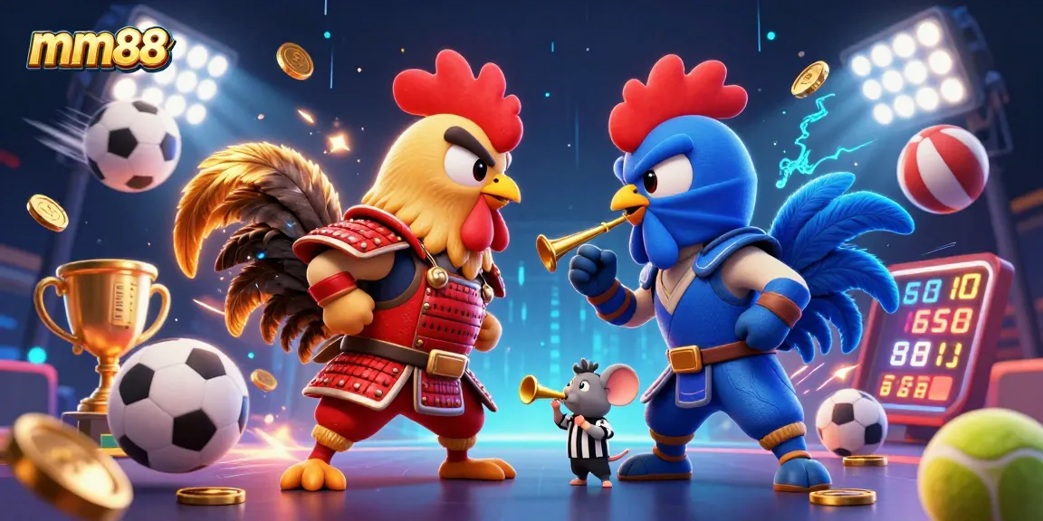 mm88 showcases dynamic betting action with cartoon roosters in an energetic casino scene.