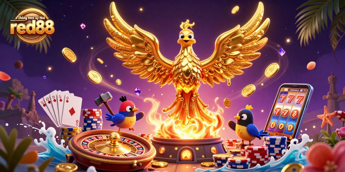 Engaging 3D illustration celebrating thương hiệu uy tín red88, featuring a molten phoenix, roulette, and casino elements.