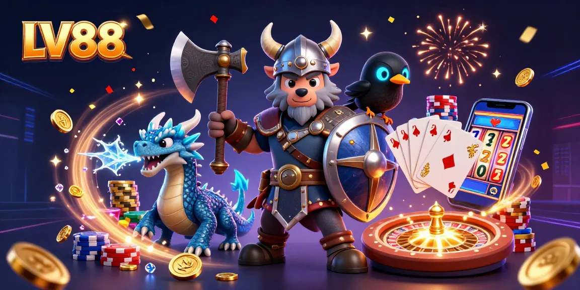 Experience thrilling casino excitement with LV88 as a Viking warrior, fierce dragon, and glowing raven join in a vibrant 3D scene.