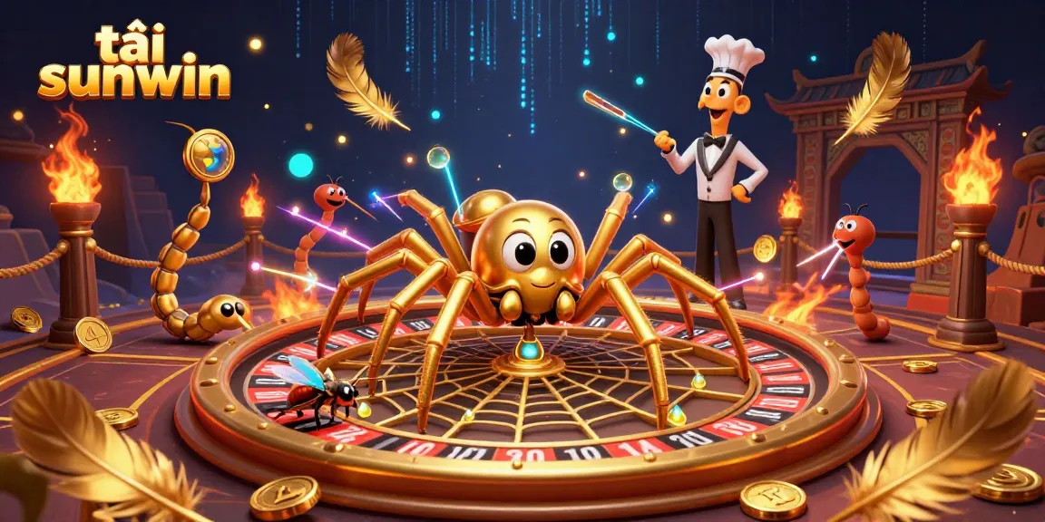 Tải sunwin while exploring a vibrant 3D illustration featuring a golden spider and roulette elements.